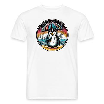 Pingouin sous la pluie avec parasol sur la plage - T-shirt homme - blanc - Devant - AI Model Male 178 dark (178cm)