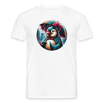Penguin in the rain with umbrella in the city - Men's T-Shirt - white - Front - AI Model Male 178 dark (178cm)