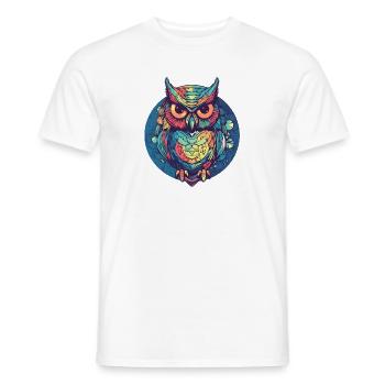 Owl as a knight in a circle, colorful, boho, comic - Men's T-Shirt - white - Front - AI Model Male 178 dark (178cm)