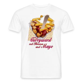 vom Grafikdesigner--Currywurst mit Pommes und Mayo - Männer T-Shirt - Weiß - Vorne - AI Model Male 178 dark (178cm)