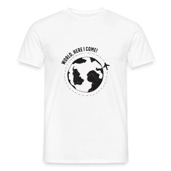 MONDE, ICI JE VIENS! - Conception de Backpacker & Traveller - T-shirt homme - blanc - Devant - AI Model Male 178 dark (178cm)