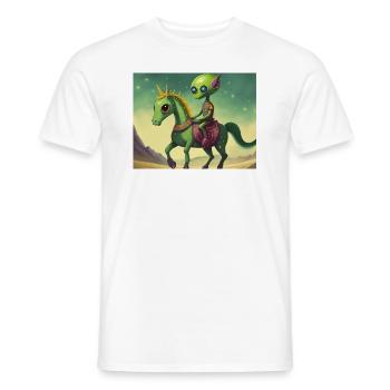 niedliches kleines grünes Retro-Alien reitet auf einem Pferd - Männer T-Shirt - Weiß - Vorne - AI Model Male 178 dark (178cm)