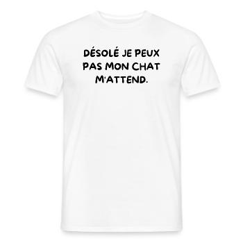 Désolé je peux pas mon chat m'attend. Tête de chat - T-shirt homme - blanc - Devant - AI Model Male 178 dark (178cm)