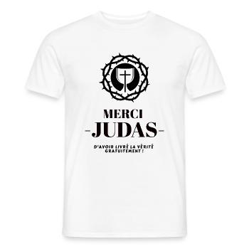 merci judas - T-shirt homme - blanc - Devant - AI Model Male 178 dark (178cm)