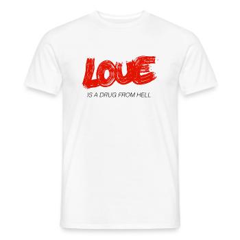 Inscription « L’AMOUR EST UNE DROGUE DE L’ENFER"Déclaration Rouge - T-shirt homme - blanc - Devant - AI Model Male 178 dark (178cm)