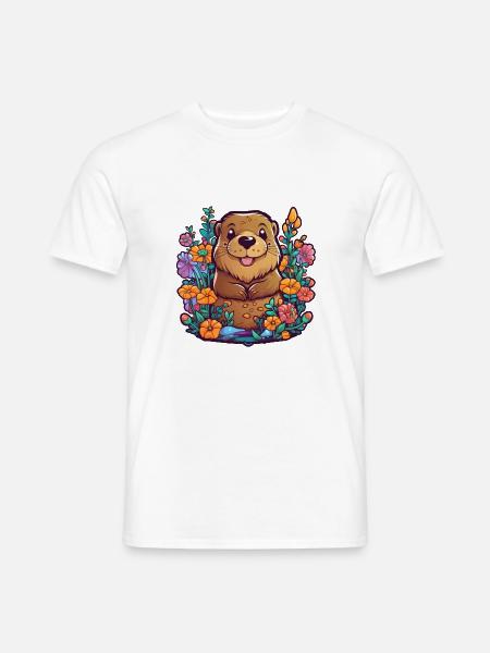 Bieber in pop-artiger Cartoon-Landschaft mit Blume - Männer T-Shirt - Weiß