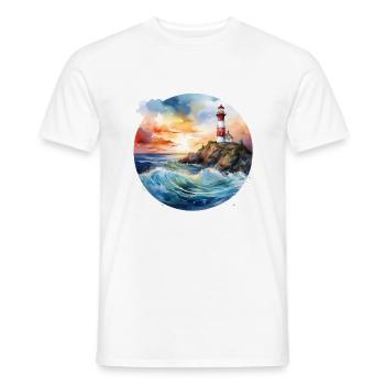 Phare majestueux au coucher du soleil avec des vagues déferlantes - T-shirt homme - blanc - Devant - AI Model Male 178 dark (178cm)