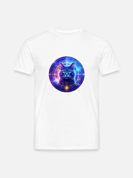 "Mystische Katze im kosmischen Energiefeld" - Männer T-Shirt - Weiß