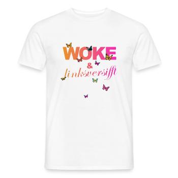 Selbstironie: WOKE & linksversifft - Männer T-Shirt - Weiß - Vorne - AI Model Male 178 dark (178cm)