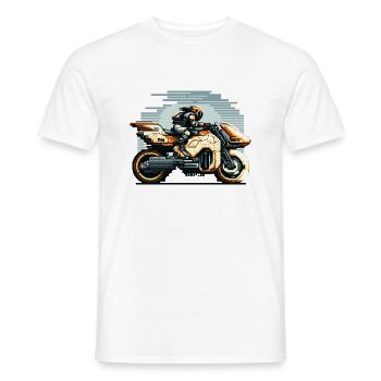 A biker rides the 8 bit motorcycle of the future - Men's T-Shirt - white - Front - AI Model Male 178 dark (178cm)