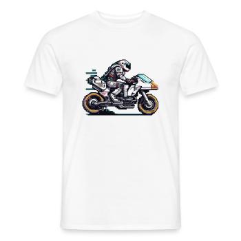 An astronaut rides an 8 bit motorcycle of the future - Men's T-Shirt - white - Front - AI Model Male 178 dark (178cm)