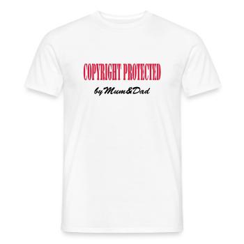 copyright protected by mum and dad - Men's T-Shirt - white - Front - AI Model Male 178 dark (178cm)