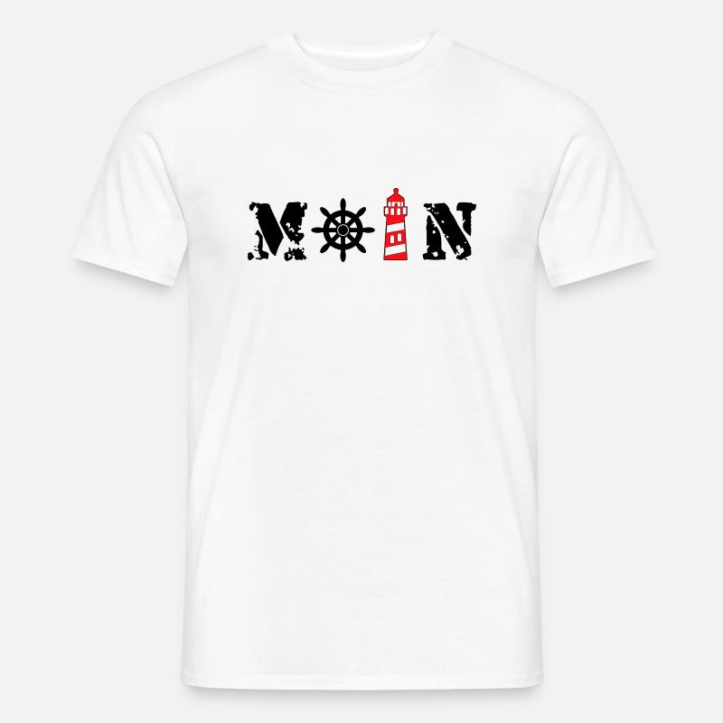 Moin mit Leuchtturm und Steuerrad - Männer T-Shirt - Weiß