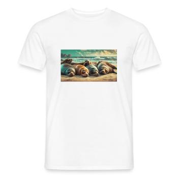 Cute animals chilling – sea lion sleeping beach - Men's T-Shirt - white - Front - AI Model Male 178 dark (178cm)