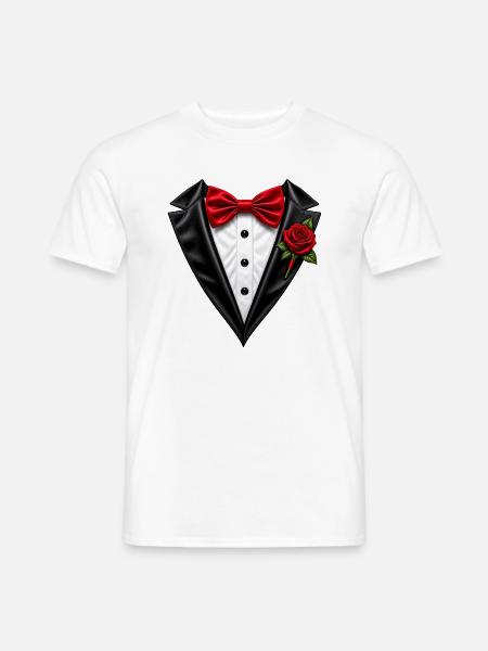 Schwarzes Smoking-T-Shirt mit roter Fliege und Rosen - Männer T-Shirt - Weiß