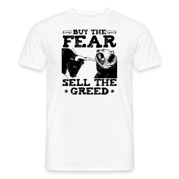 Buy The Fear Sell The Greed Funny Trader Quote - Men's T-Shirt - white - Front - AI Model Male 178 dark (178cm)
