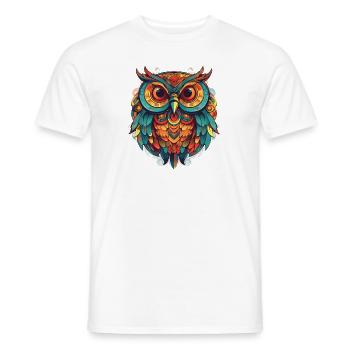 Hibou Turquoise Rouge coloré, Style Dessin Animé, Géométrique - T-shirt homme - blanc - Devant - AI Model Male 178 dark (178cm)