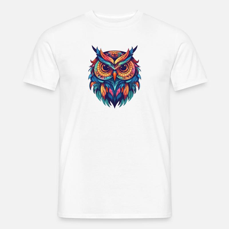 Indie-style Eule mit bunten Federn - Männer T-Shirt - Weiß