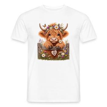 Highland Cow am Zaun – Blumen & Landliebe - Männer T-Shirt - Weiß - Vorne - AI Model Male 178 dark (178cm)