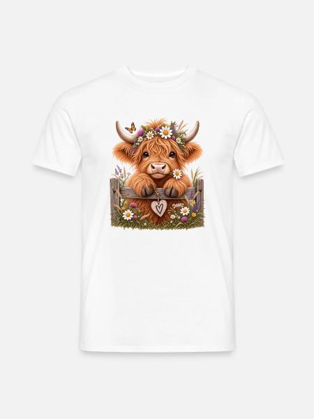 Highland Cow am Zaun – Blumen & Landliebe - Männer T-Shirt - Weiß