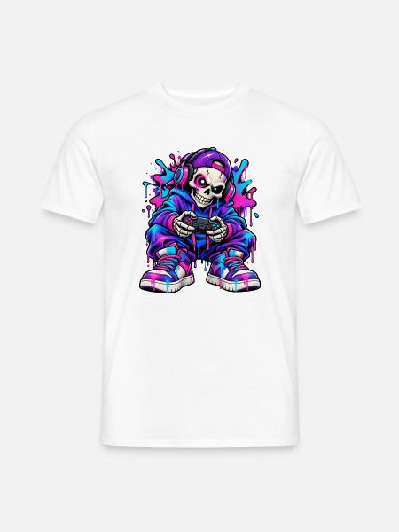 Neon-Graffiti-Gamer-Skelett – Gamer-Geschenk - Männer T-Shirt - Weiß