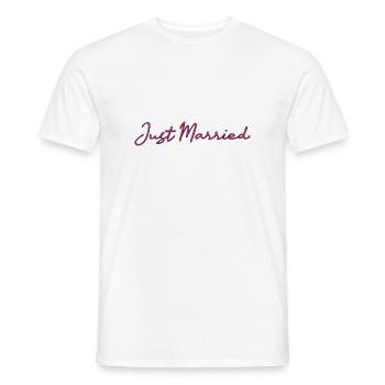 JUST MARRIED. bachelorette party. SAINT VALENTINE. COUPLE - Men's T-Shirt - white - Front - AI Model Male 178 dark (178cm)