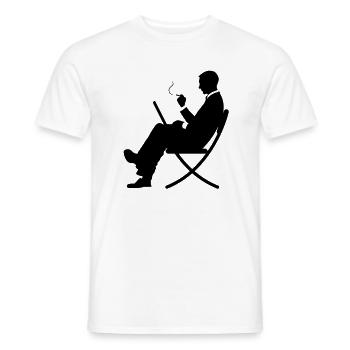 A manager working on laptop and smokes - Men's T-Shirt - white - Front - AI Model Male 178 dark (178cm)