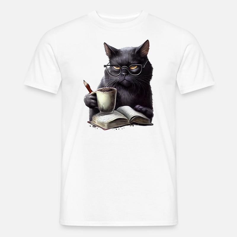 Schwarze Katze Liest Buch - Männer T-Shirt - Weiß