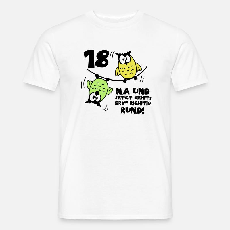 Geburtstag 18, Eulen am Drahtseil, rund - Männer T-Shirt - Weiß