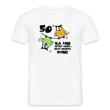 50 Birthday, Owl on the wire rope, round - Men's T-Shirt - white - Front - AI Model Male 178 dark (178cm)