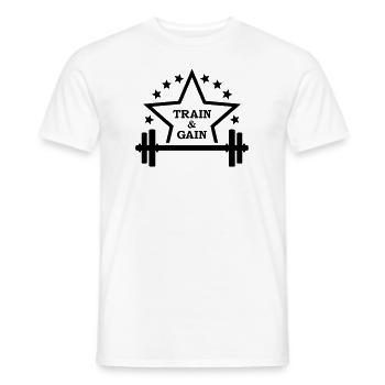 Train + gain Dumbbell weights Squat workout icon - Men's T-Shirt - white - Front - AI Model Male 178 dark (178cm)