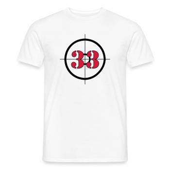 Represents: 33 (V) - Men's T-Shirt - white - Front - AI Model Male 178 dark (178cm)