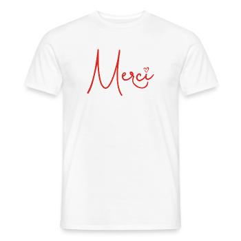 Merci avec Rouge Cœur – Merci Design - T-shirt homme - blanc - Devant - AI Model Male 178 dark (178cm)