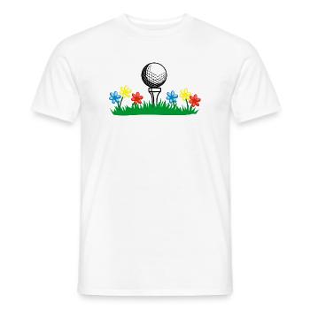 Bâton de golf et balle sur la pelouse avec des fleurs - T-shirt homme - blanc - Devant - AI Model Male 178 dark (178cm)
