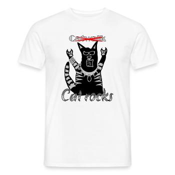 Funny Cat Rocks Heavy Metal Festival Motif - Men's T-Shirt - white - Front - AI Model Male 178 dark (178cm)