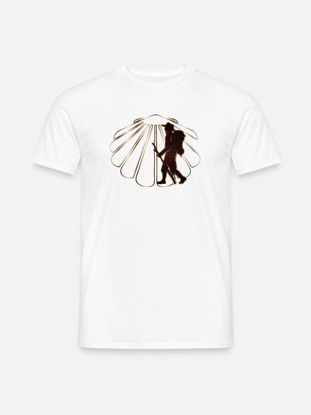 Ein Pilger auf einem Pilgerweg mit Jakobsmuschel - Mænd T-shirt - hvid