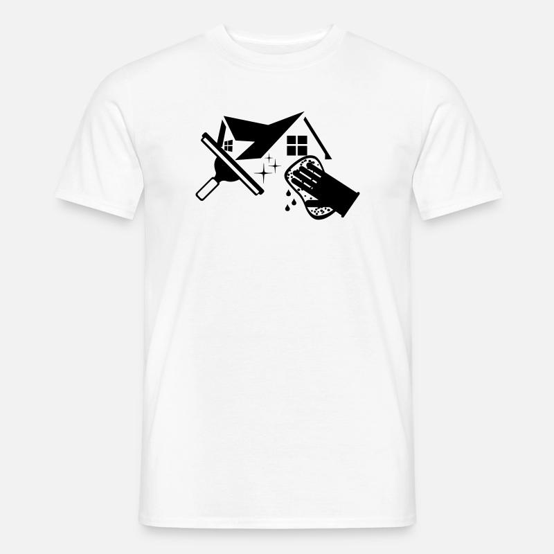 Logo de laveur de vitres avec éponge de maison et déclencheur de fenêtre - T-shirt homme - blanc