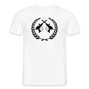 Two crossed paintball guns in laurel wreath - Men's T-Shirt - white - Front - AI Model Male 178 dark (178cm)