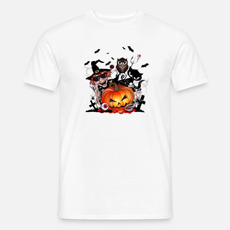 Halloween Kürbis mit Hexe,Katze,Fledermaus & Eule - Männer T-Shirt - Weiß
