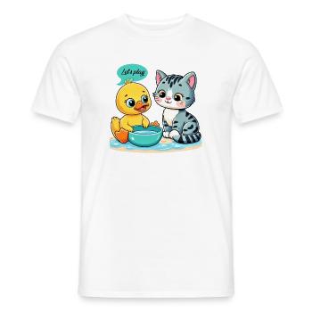 Whimsical Duck and Cat Play Scene - Men's T-Shirt - white - Front - AI Model Male 178 dark (178cm)