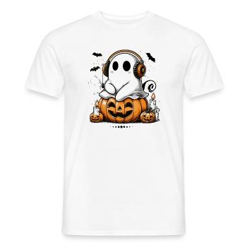fantôme cool avec des écouteurs sur la citrouille d’halloween - T-shirt homme - blanc - Devant - AI Model Male 178 dark (178cm)