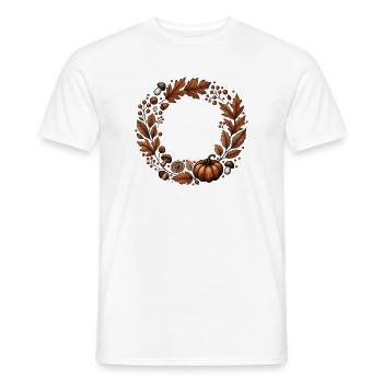 warm autumn wreath with leaves, mushrooms and pumpkin - Men's T-Shirt - white - Front - AI Model Male 178 dark (178cm)