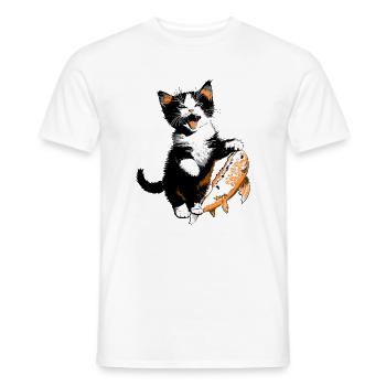 Kitten with Big Salmon – Kitty with Fish - Men's T-Shirt - white - Front - AI Model Male 178 dark (178cm)