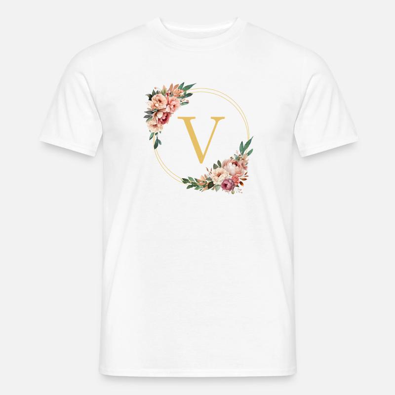 V Monogramm, Blumen-Kranz, personalisierbar - Männer T-Shirt - Weiß