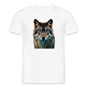 The Sapphire Gaze: Intense Portrait of a Wolf - Men's T-Shirt - white - Front - AI Model Male 178 dark (178cm)