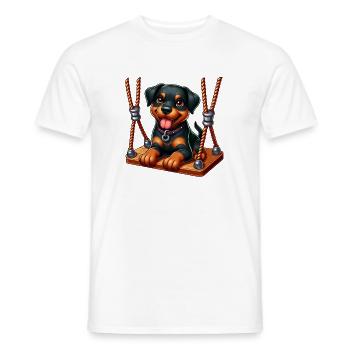 Chiot Rottweiler joyeux sur la balançoire - T-shirt homme - blanc - Devant - AI Model Male 178 dark (178cm)