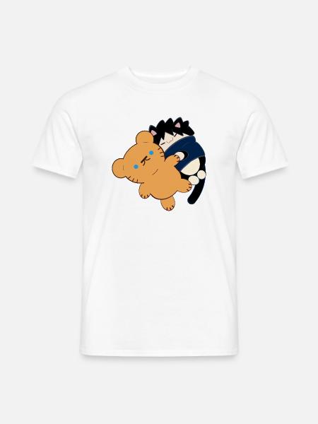 Anime Design Niedliche schwarze Katze mit Teddybär - Männer T-Shirt - Weiß