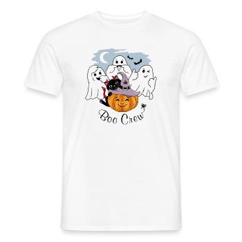 Three funny ghosts, black cat and smiling pumpkin - Men's T-Shirt - white - Front - AI Model Male 178 dark (178cm)