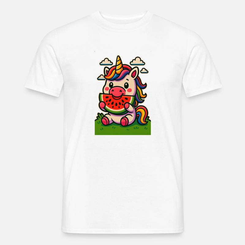 Regenbogen-Einhorn isst Wassermelone - Männer T-Shirt - Weiß