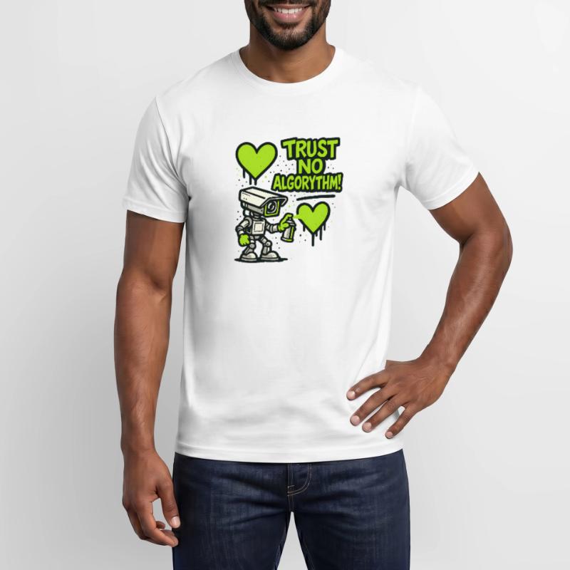 Robot with heart and anti-algorithm message Men’s T-shirt